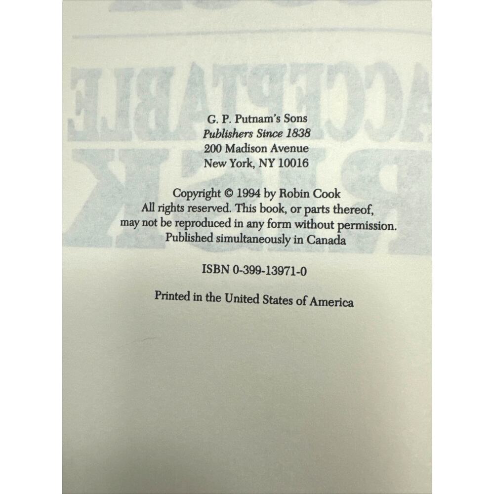 Acceptable Risk by Robin Cook (Hardcover) - Picture 7 of 7